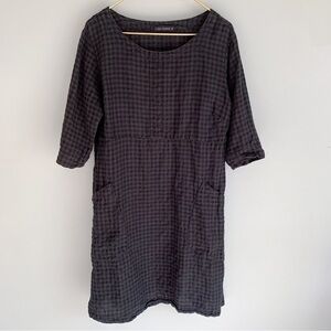 Cut loose women’s 100% linen gingham plaid shirt sleeve pocket shirt dress black